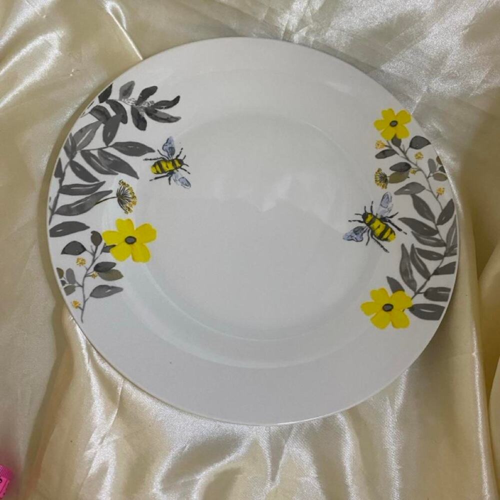 Set of 2 Yellow Bee Floral Dinner Plates Gray Botanical Design 10.75”